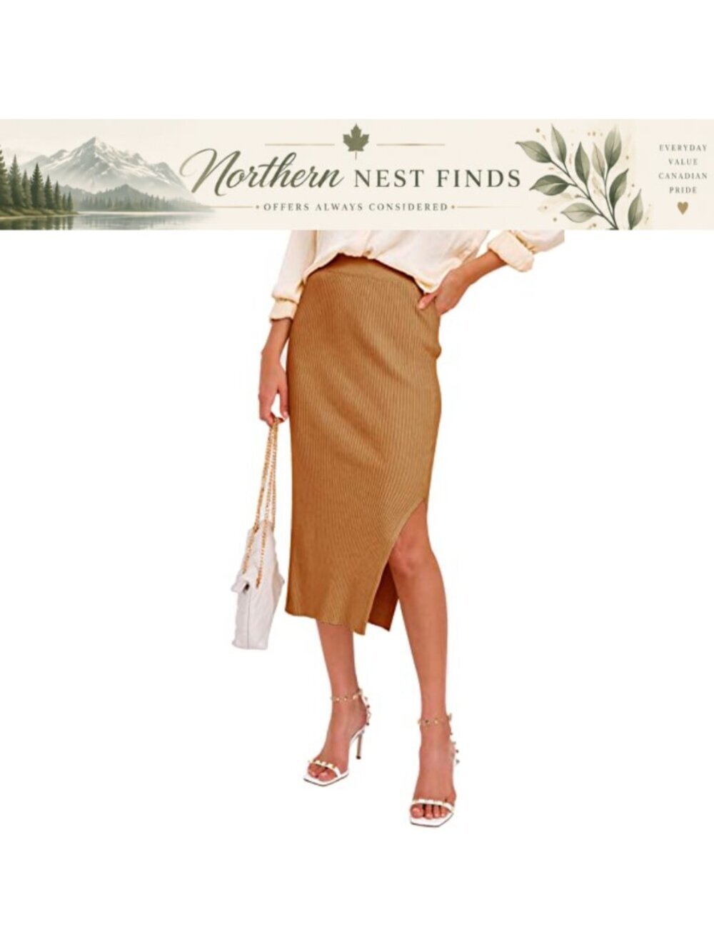 Ribbed Knit Midi Pencil Skirt High Waist Side Split Stretchy
